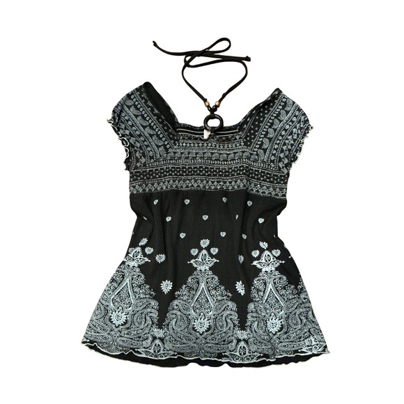 Womens Y2K Black Paisley Pattern Off Shoulder Top - Picture 8 of 10